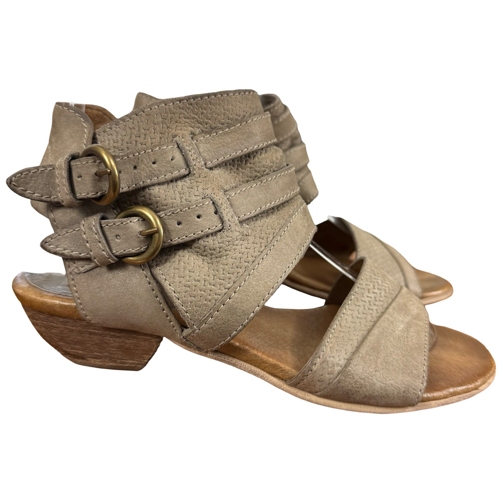 Miz Mooz Cyrus Gray Taupe Boho Chunky Heel Leather Sandals Shoes Zip Up 37/6.5 7